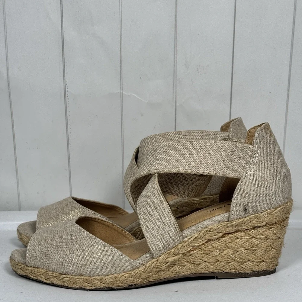 Solanz US 8.5M Helena‎ Espadrille Wedges Strappy Sandals Beige Canvas Chic Shoes